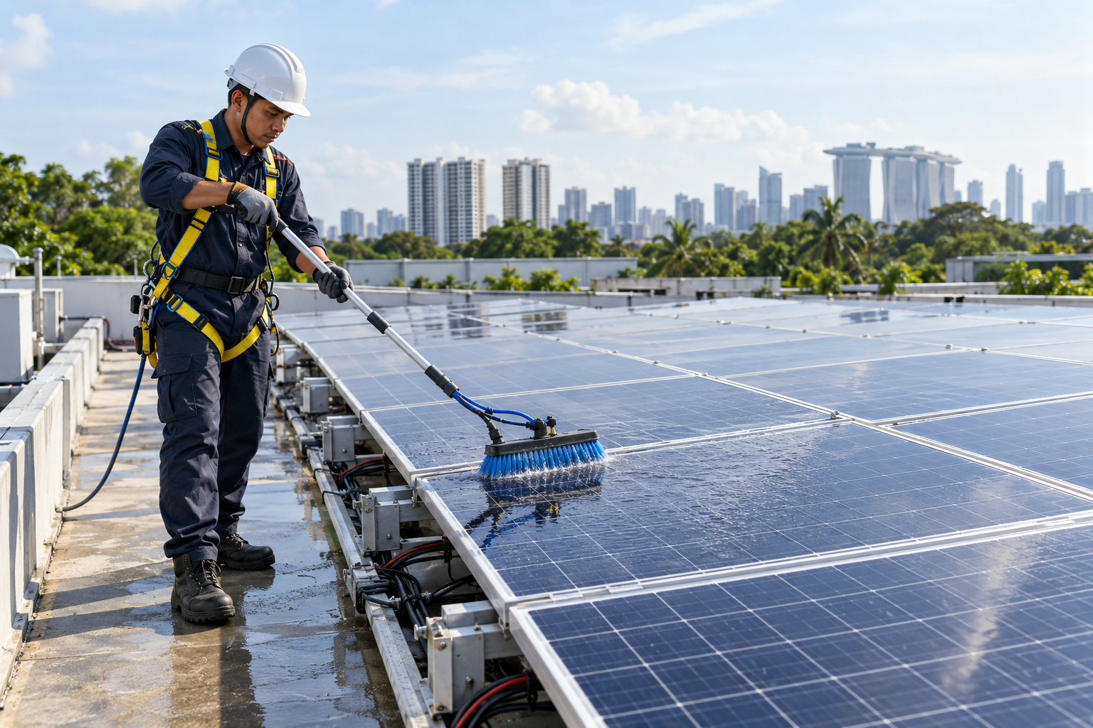 Technician maintaining rooftop solar panels in Singapore